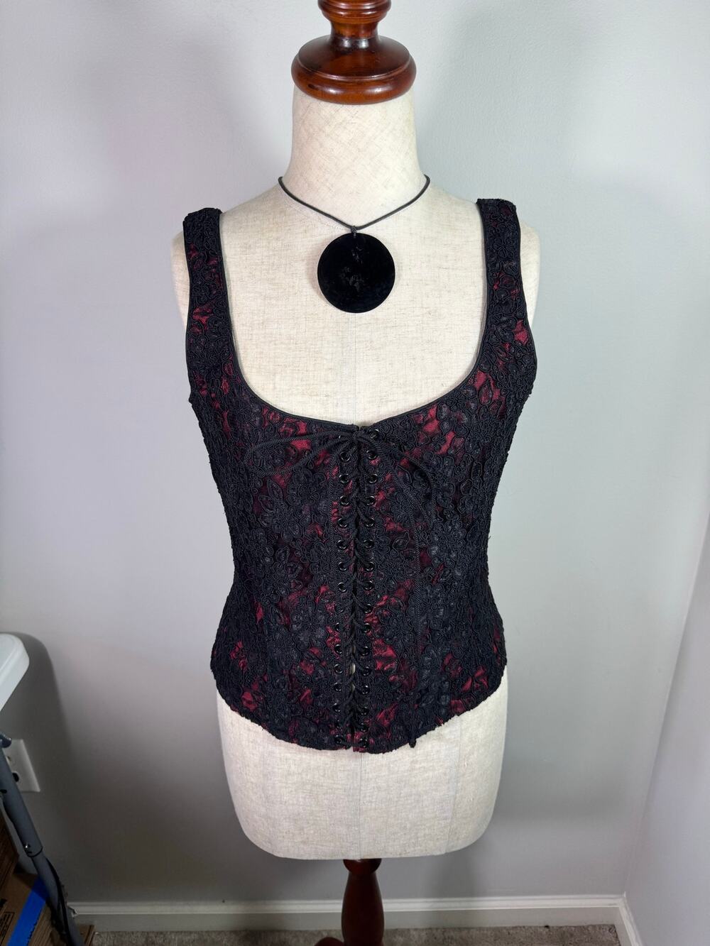 Vintage Gigi Clark Black and Red Lace Bustier Corset Top Y2K 90s Size 2